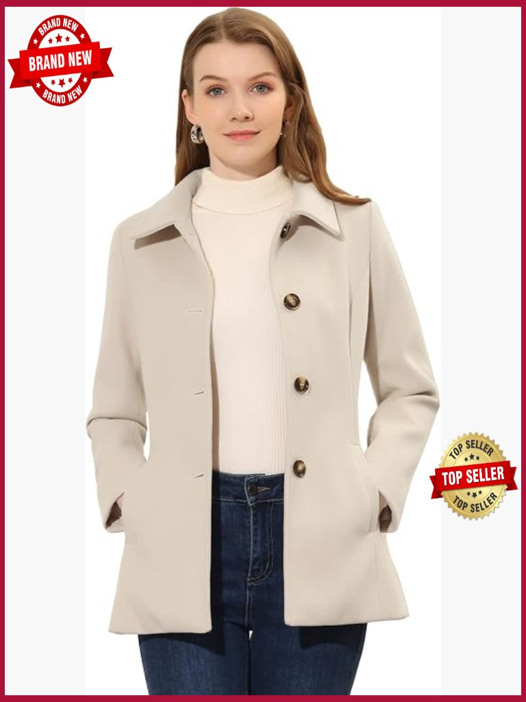 Single Breasted Point Collar Pea Coat Fully Lined Winter Overcoat